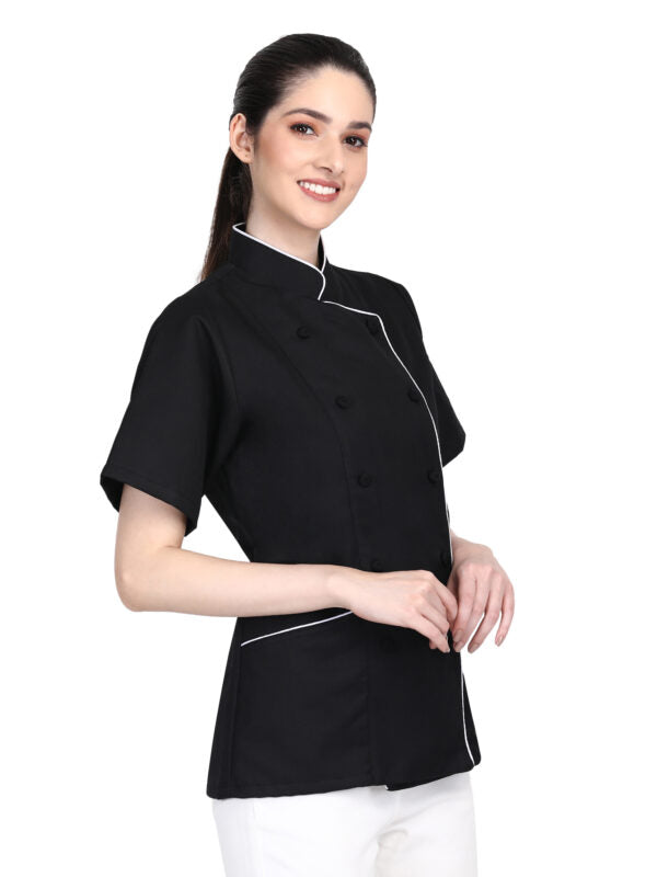 Short Sleeves Tailored Fit Chef Coat Jacket Uniform for Women for Food Service, Caterers, Bakers and Culinary Professional – Black
